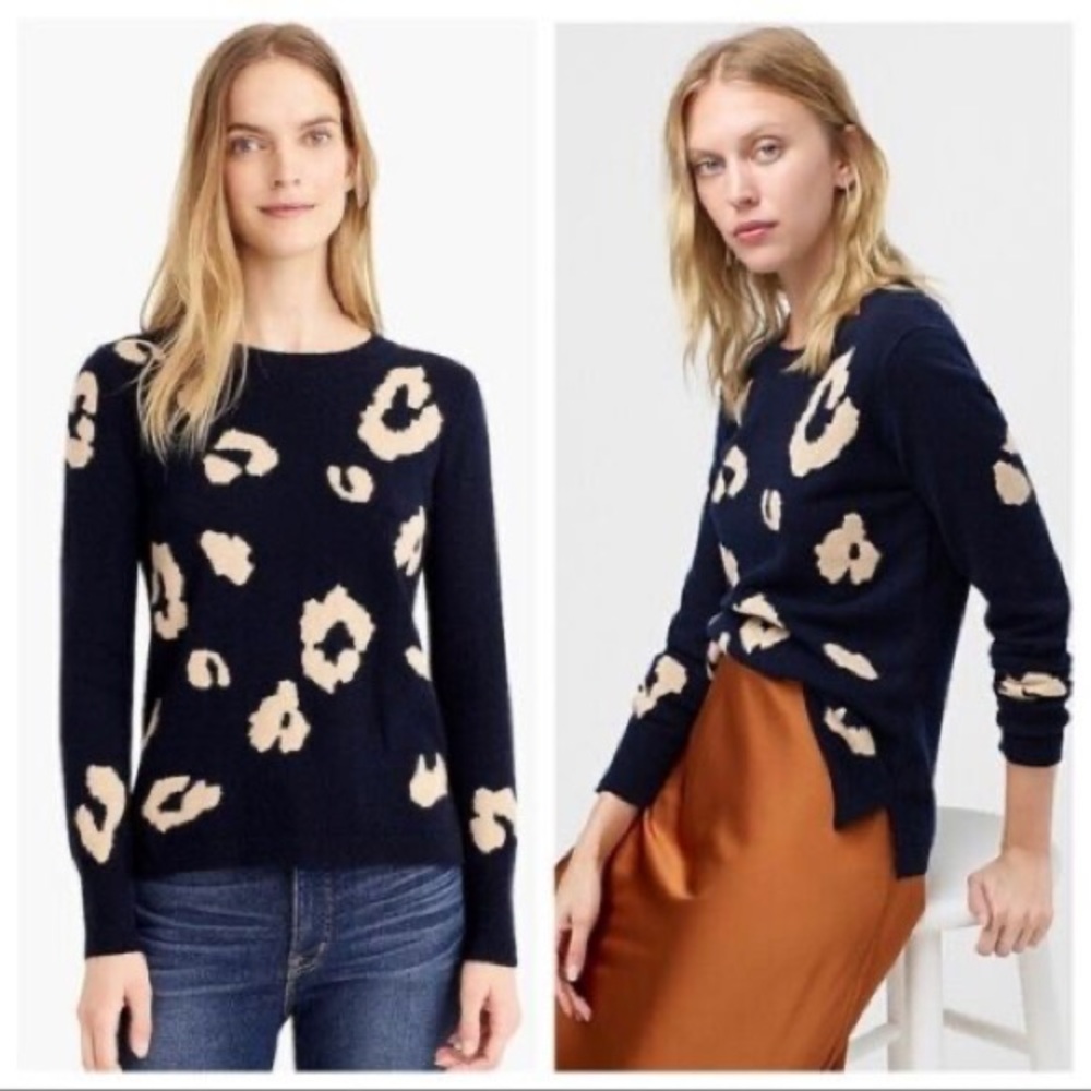 J. Crew Cashmere Sweater in Navy and Tan Leopard Print (size S)
